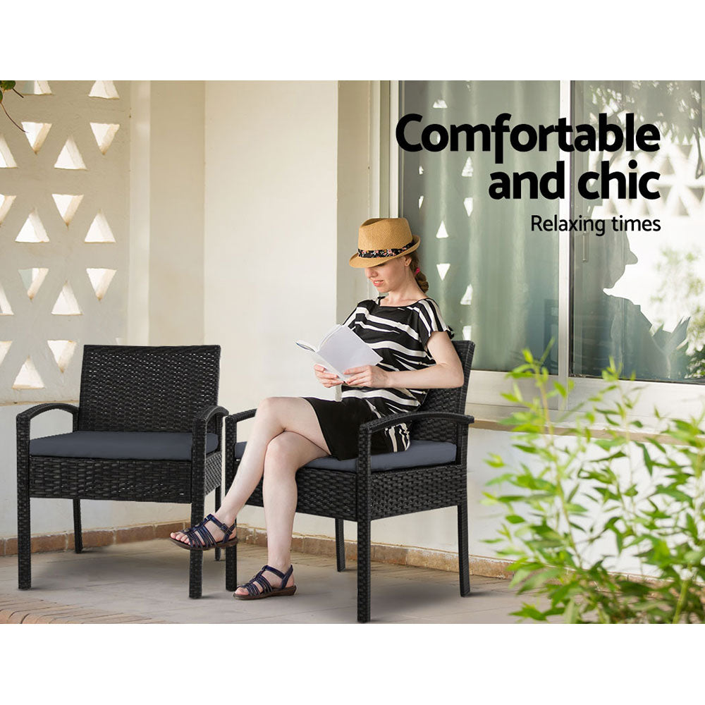 Outdoor Furniture Dining Chairs Wicker Garden Patio Cushion Black 3PCS Sofa Set Tea Coffee Cafe Bar Set - image3
