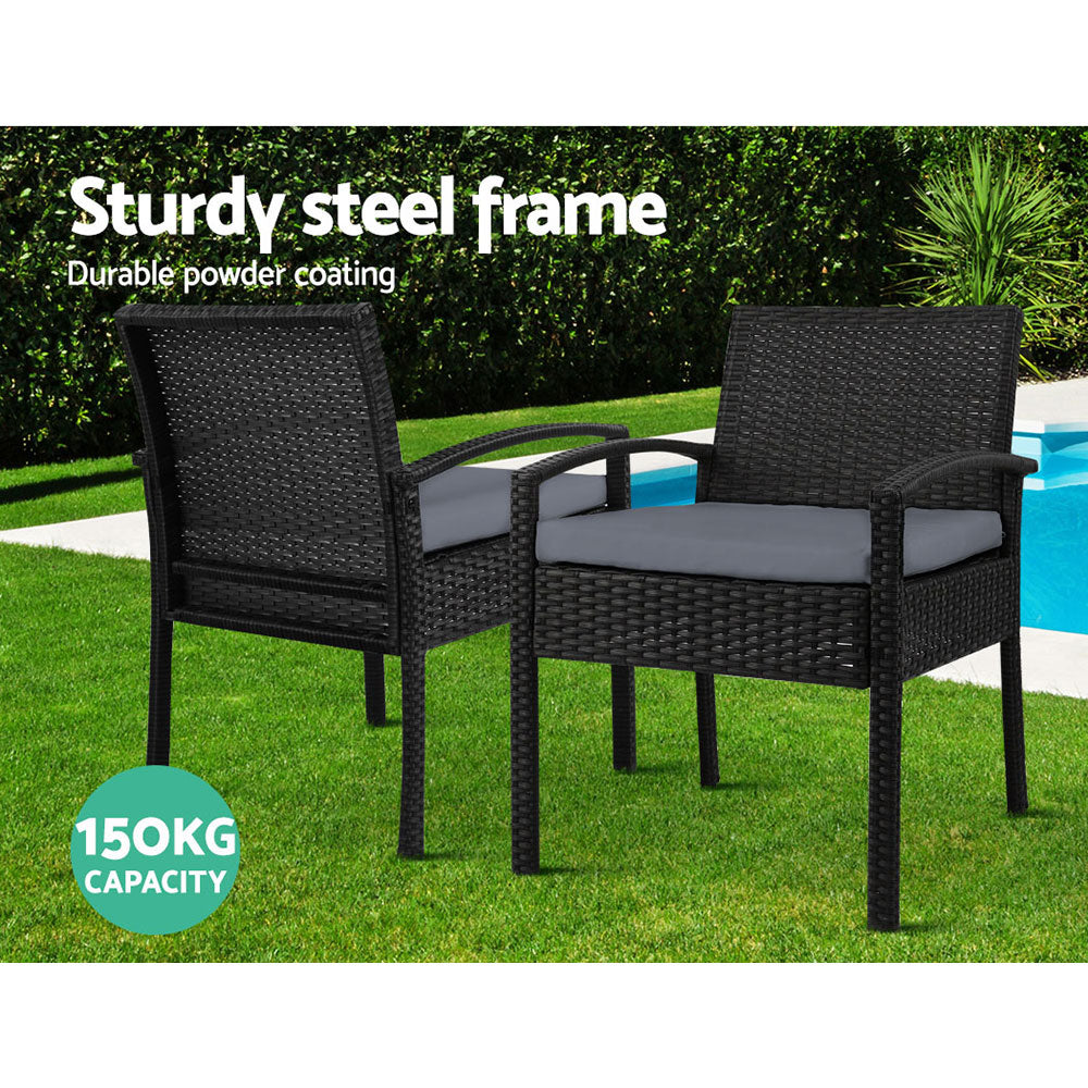 Outdoor Furniture Dining Chairs Wicker Garden Patio Cushion Black 3PCS Sofa Set Tea Coffee Cafe Bar Set - image4
