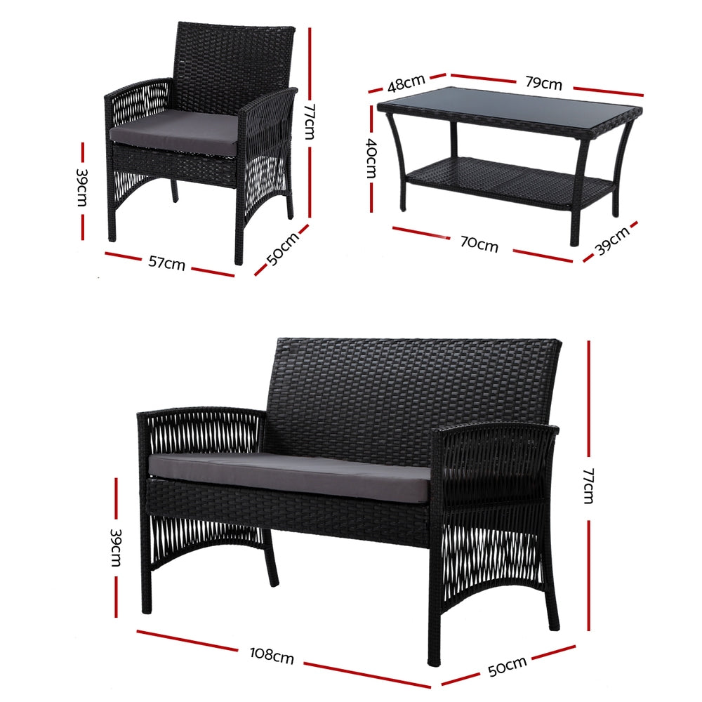 Outdoor Furniture Set Wicker Cushion 4pc Black - image2