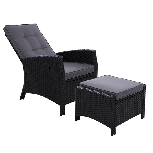 Sun lounge Recliner Chair Wicker Lounger Sofa Day Bed Outdoor Furniture Patio Garden Cushion Ottoman Black Gardeon - image1
