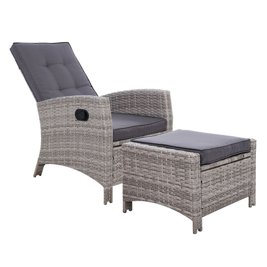 Sun lounge Recliner Chair Wicker Lounger Sofa Day Bed Outdoor Furniture Patio Garden Cushion Ottoman Grey Gardeon - image1