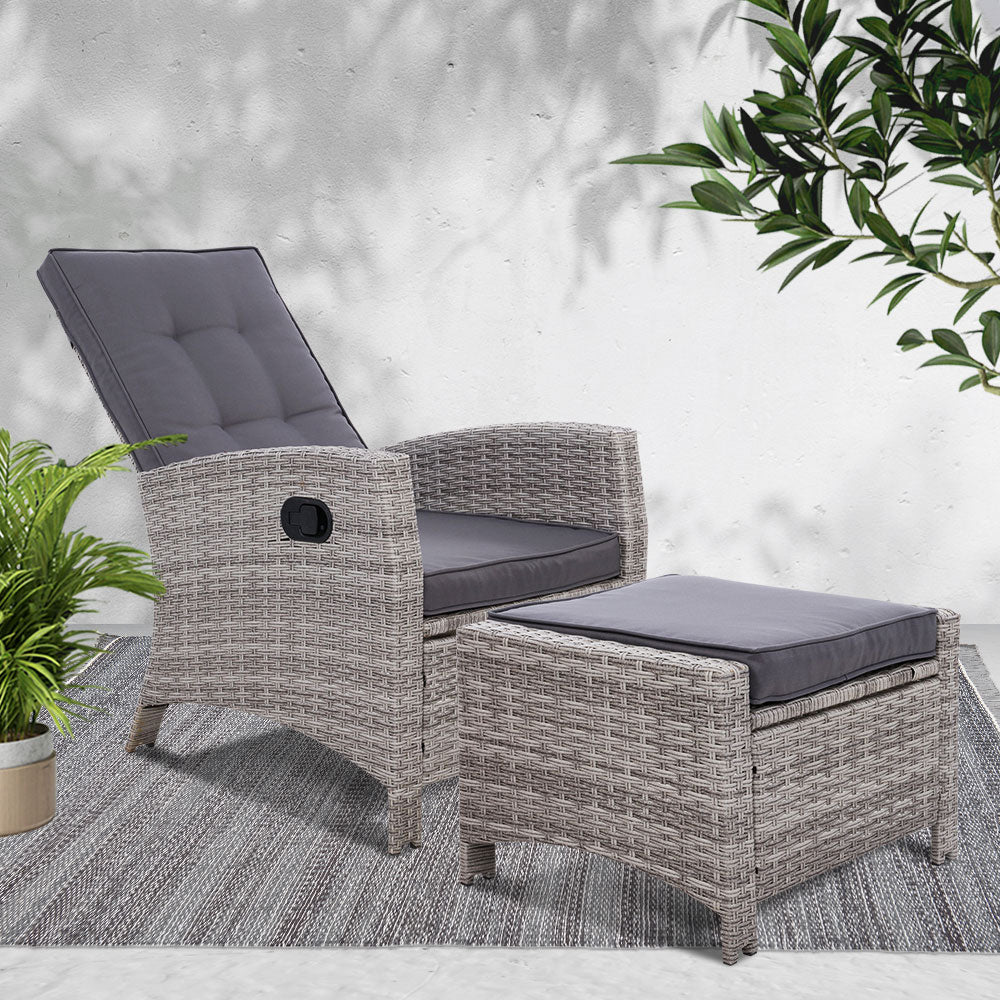 Sun lounge Recliner Chair Wicker Lounger Sofa Day Bed Outdoor Furniture Patio Garden Cushion Ottoman Grey Gardeon - image7