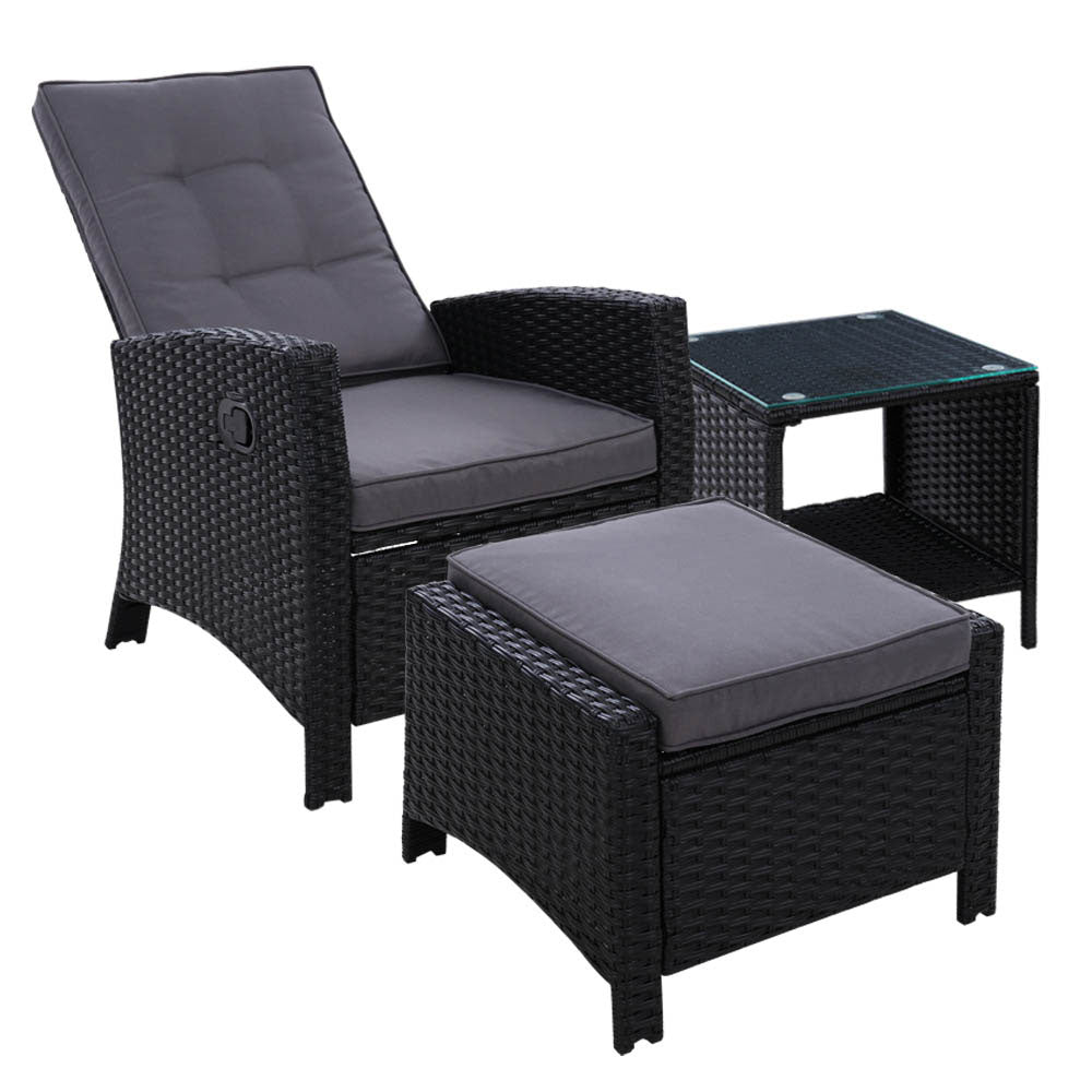 Outdoor Setting Recliner Chair Table Set Wicker lounge Patio Furniture Black - image1