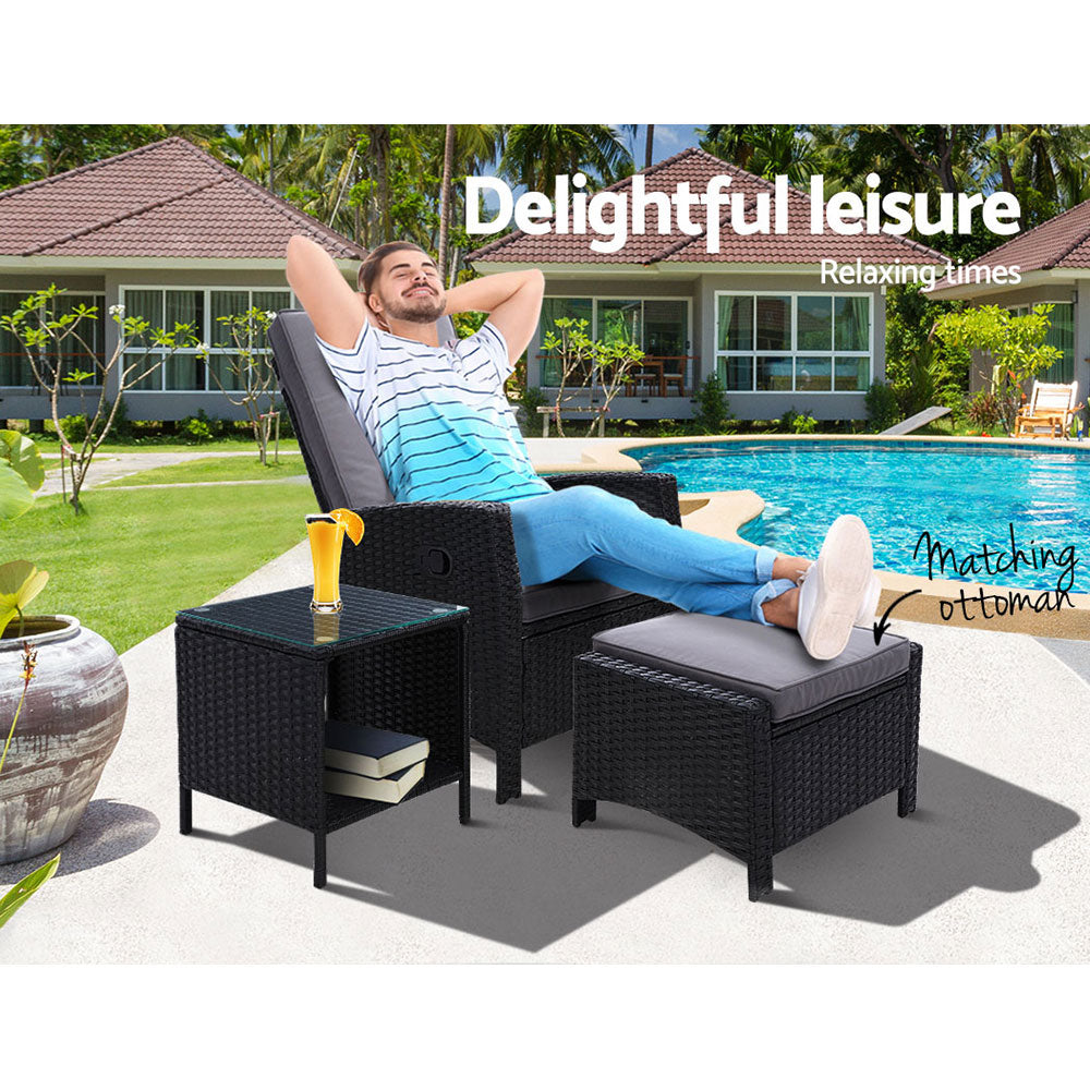 Outdoor Setting Recliner Chair Table Set Wicker lounge Patio Furniture Black - image3