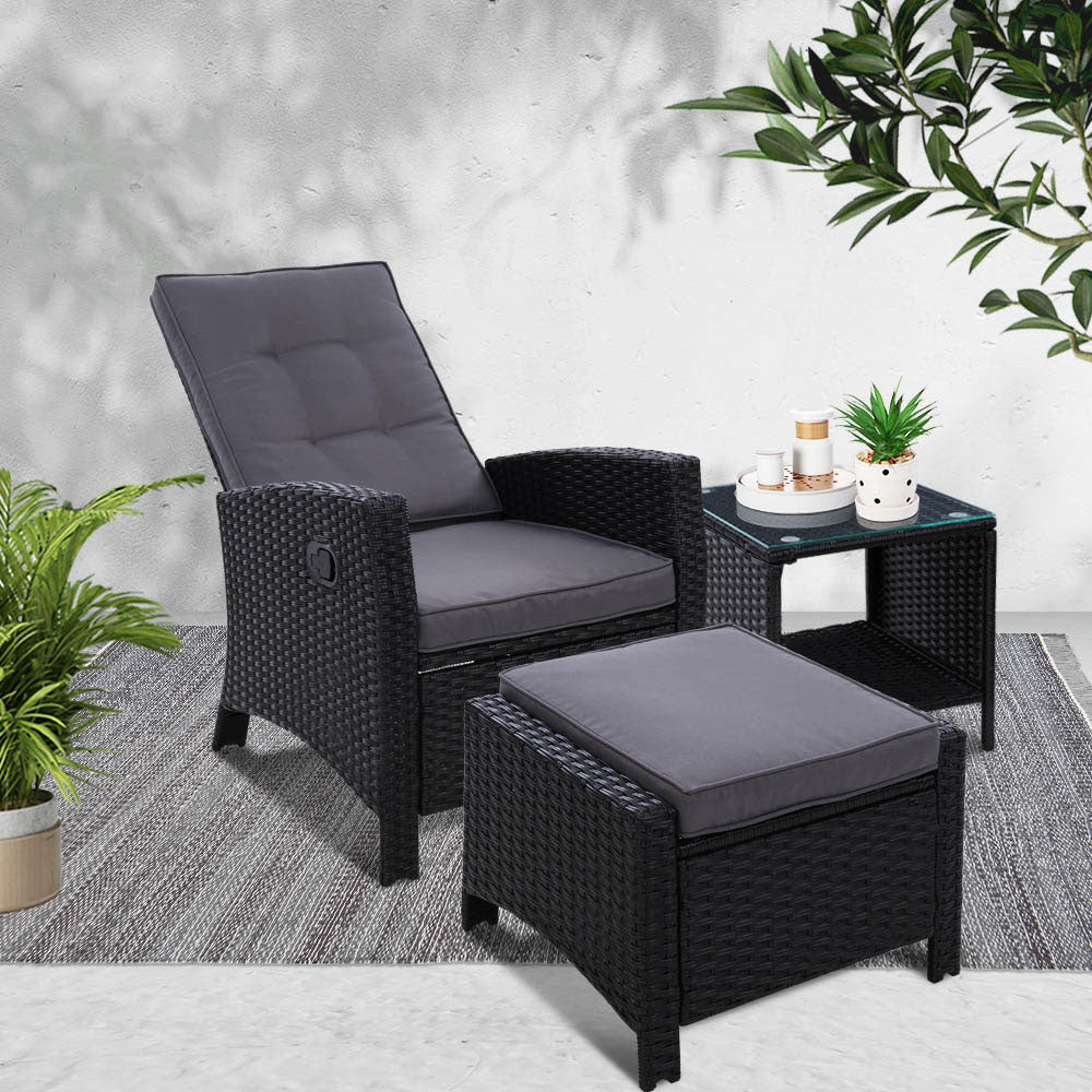Outdoor Setting Recliner Chair Table Set Wicker lounge Patio Furniture Black - image7