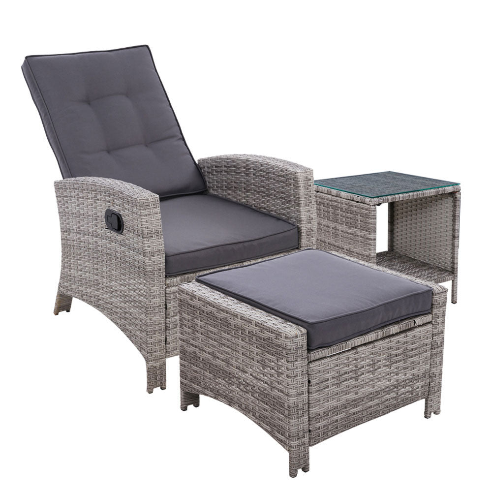 Outdoor Setting Recliner Chair Table Set Wicker lounge Patio Furniture Grey - image1