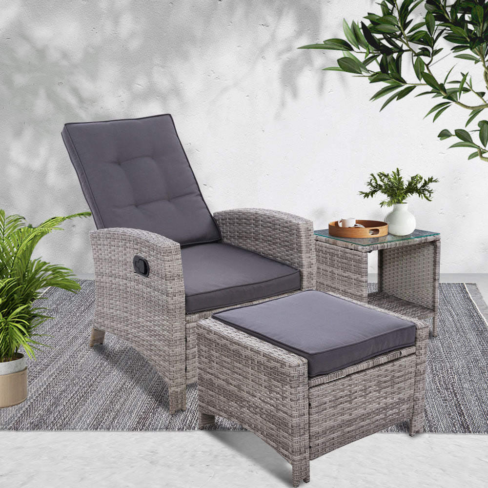 Outdoor Setting Recliner Chair Table Set Wicker lounge Patio Furniture Grey - image7
