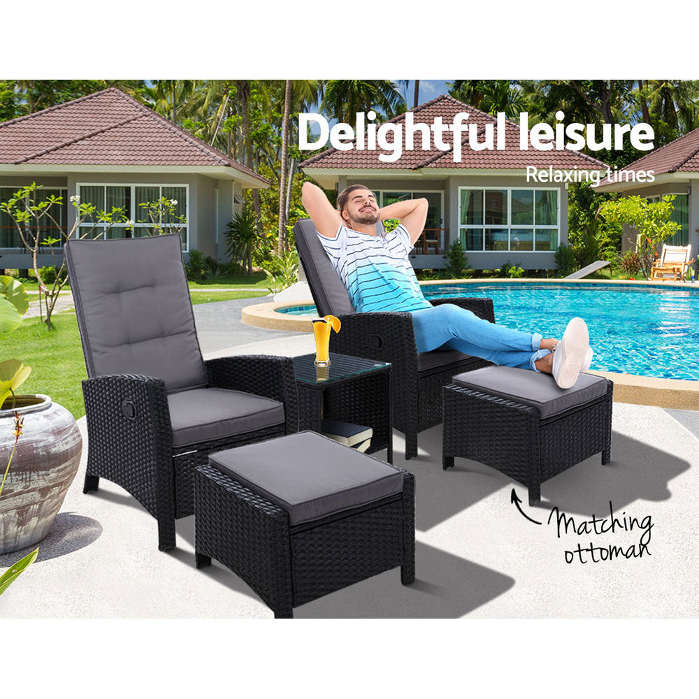 Outdoor Patio Furniture Recliner Chairs Table Setting Wicker Lounge 5pc Black - image3