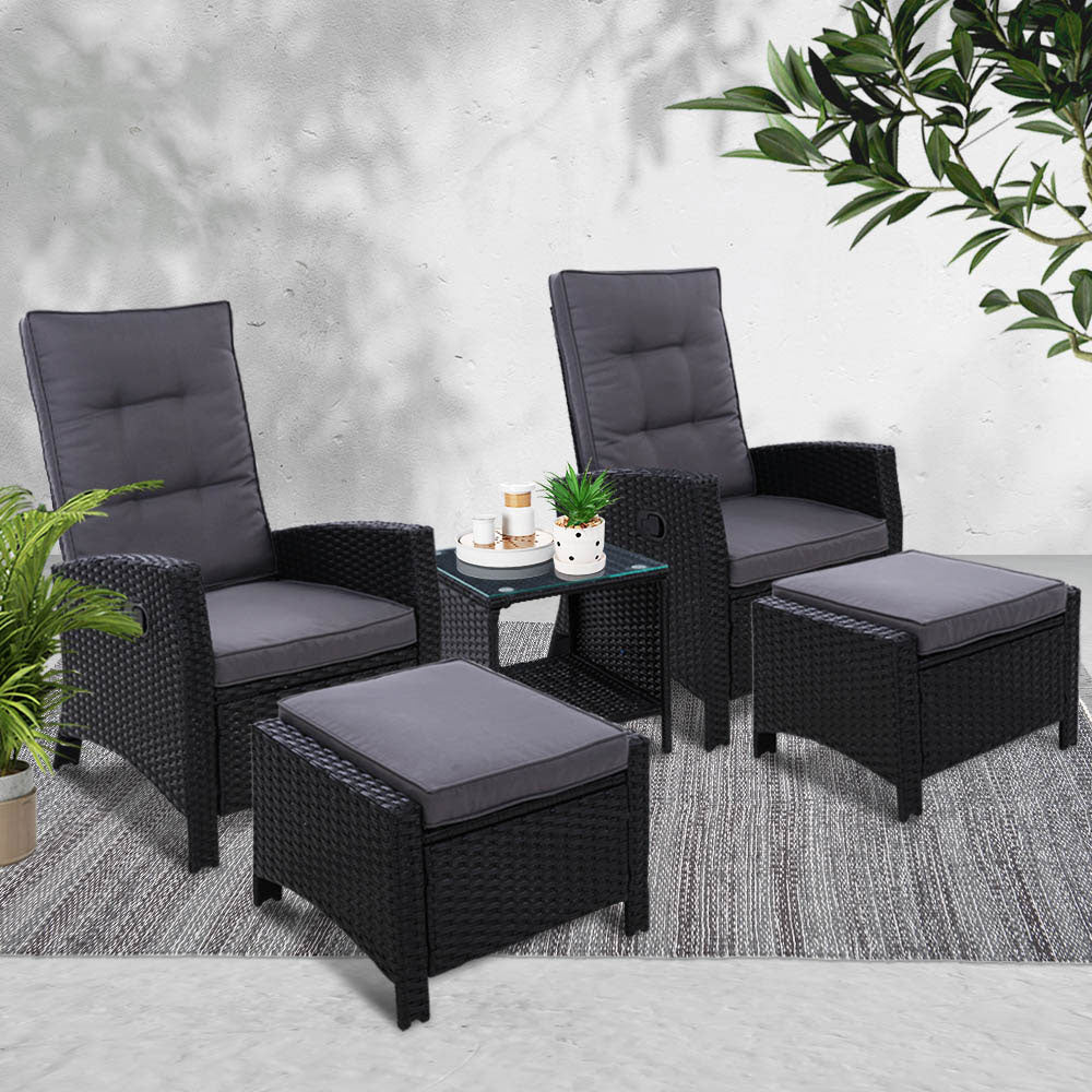 Outdoor Patio Furniture Recliner Chairs Table Setting Wicker Lounge 5pc Black - image7