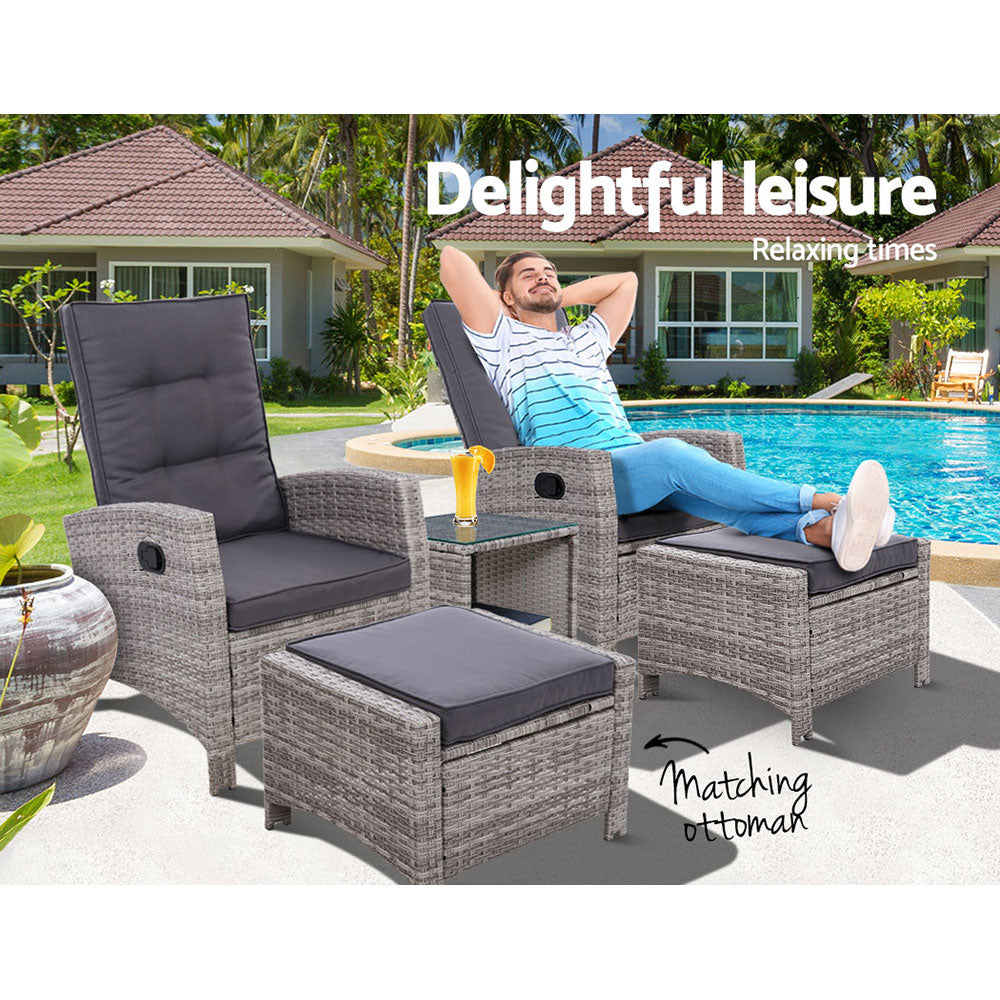 Outdoor Patio Furniture Recliner Chairs Table Setting Wicker Lounge 5pc Grey - image3