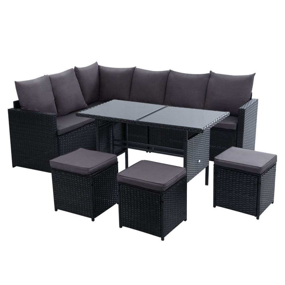 Outdoor Furniture Dining Setting Sofa Set Lounge Wicker 9 Seater Black - image1