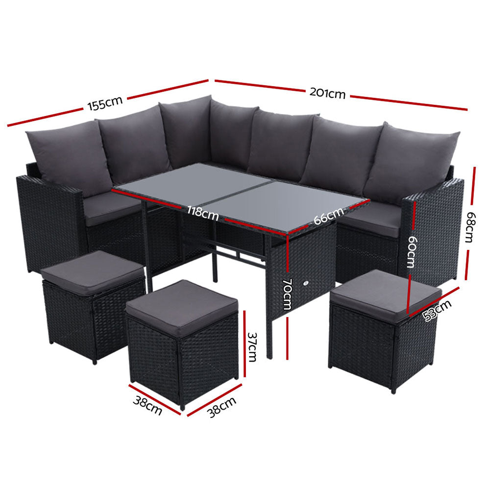 Outdoor Furniture Dining Setting Sofa Set Lounge Wicker 9 Seater Black - image2