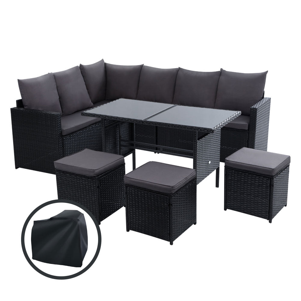 Outdoor Furniture Dining Setting Sofa Set Wicker 9 Seater Storage Cover Black - image1
