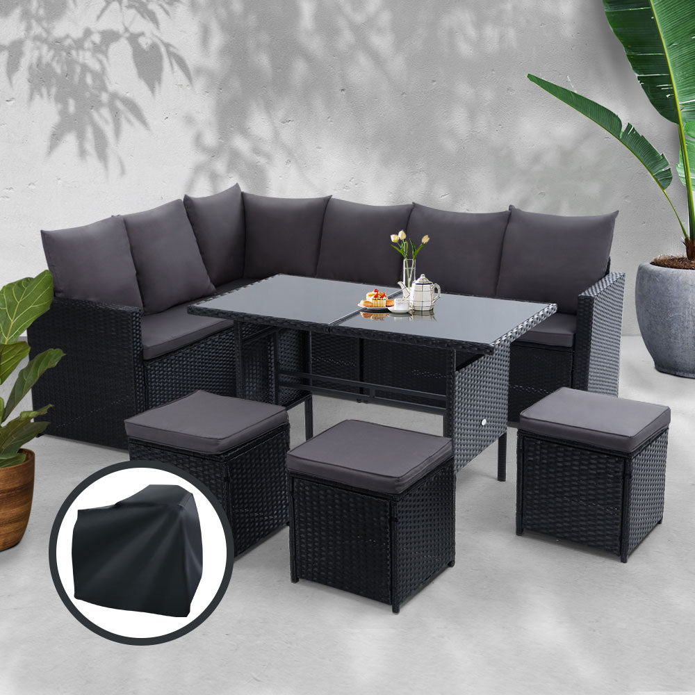 Outdoor Furniture Dining Setting Sofa Set Wicker 9 Seater Storage Cover Black - image7