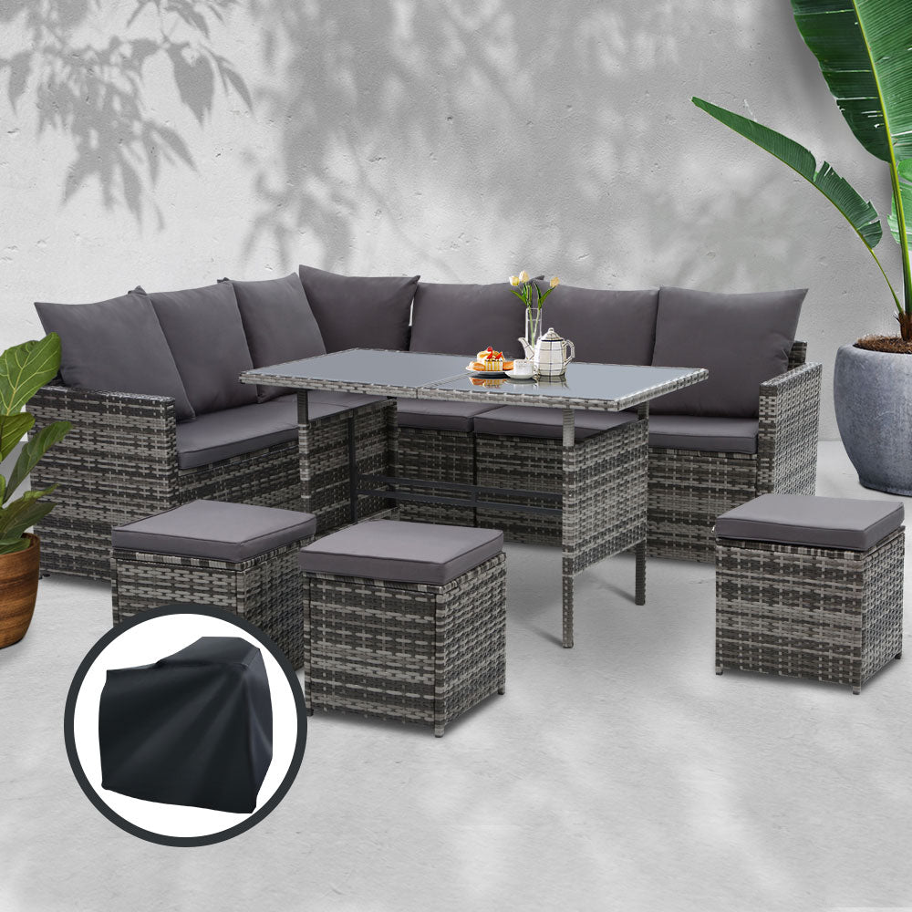 Outdoor Furniture Dining Setting Sofa Set Wicker 9 Seater Storage Cover Mixed Grey - image7