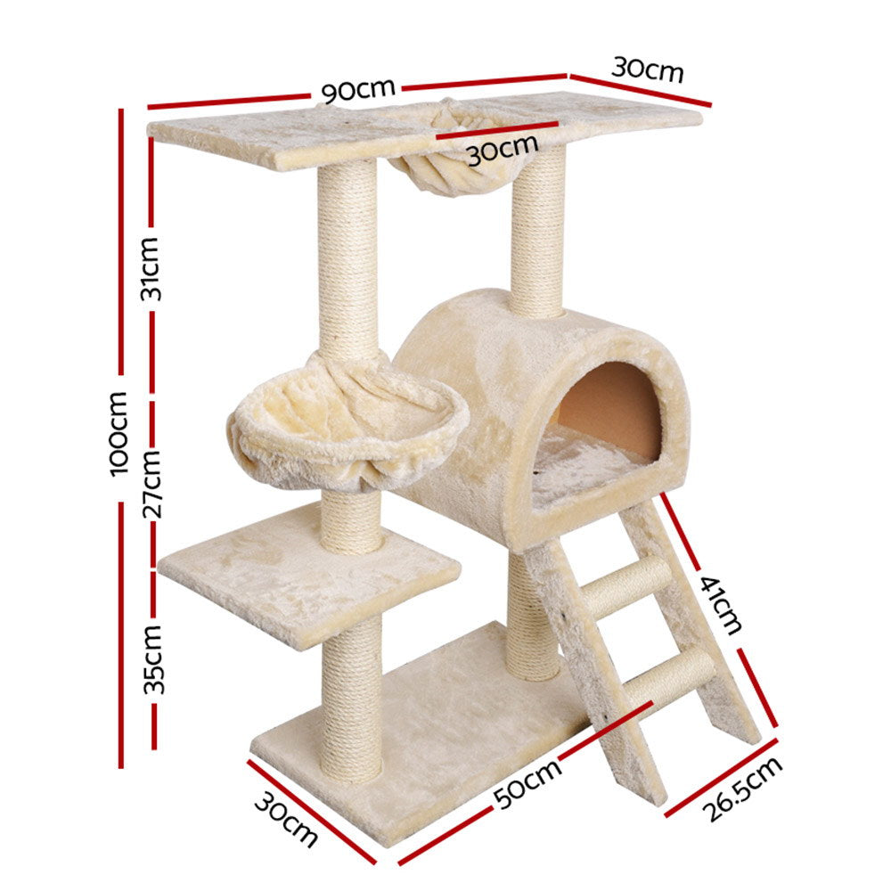 Cat Tree 100cm Trees Scratching Post Scratcher Tower Condo House Furniture Wood Beige - image2