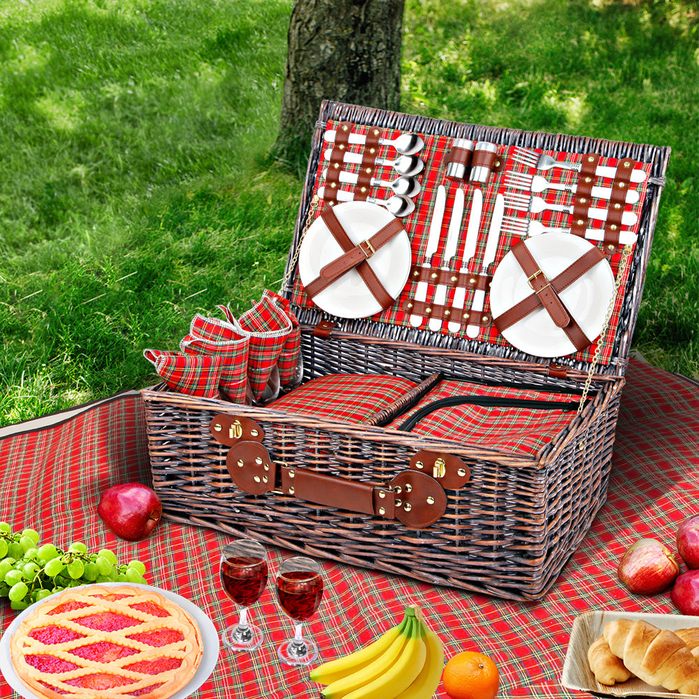 4 Person Picnic Basket Baskets Red Handle Outdoor Corporate Blanket Park - image7