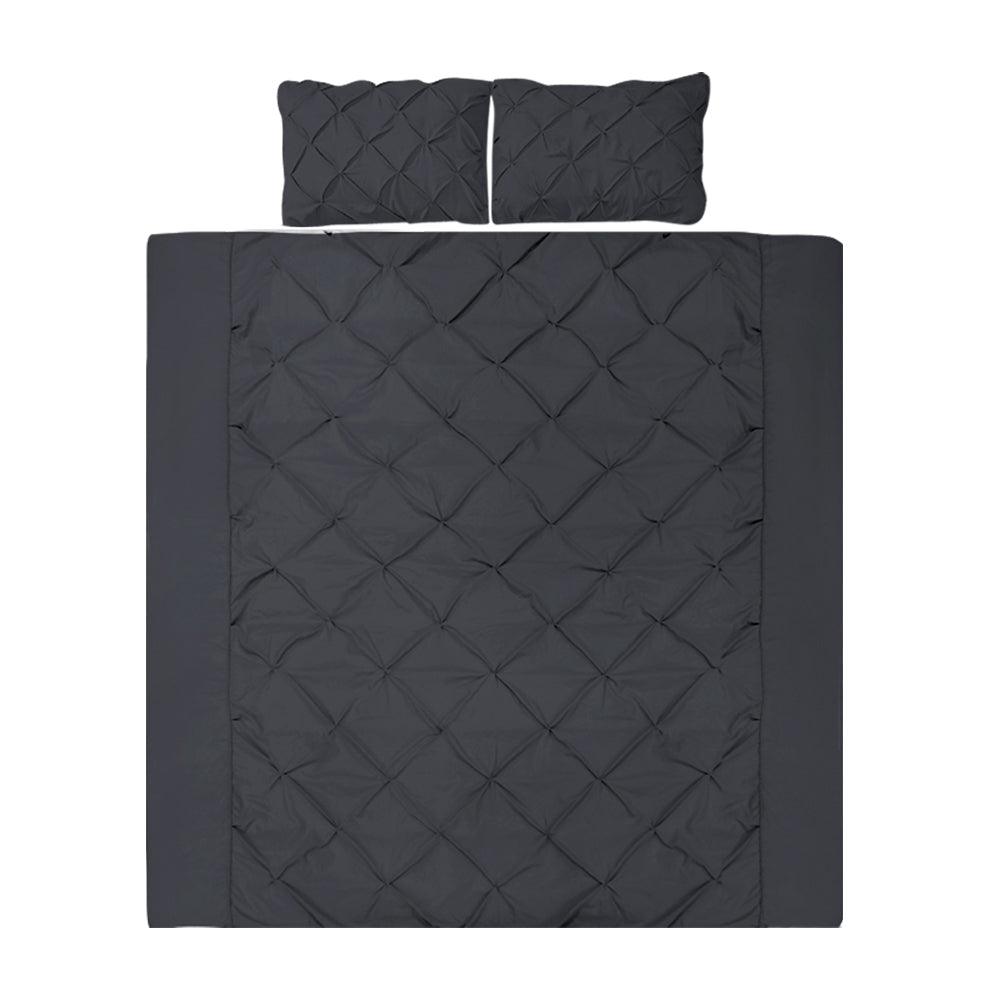 Bedding Quilt Cover Set King Pinch Pleat Diamond Duvet Doona Case Black - image1