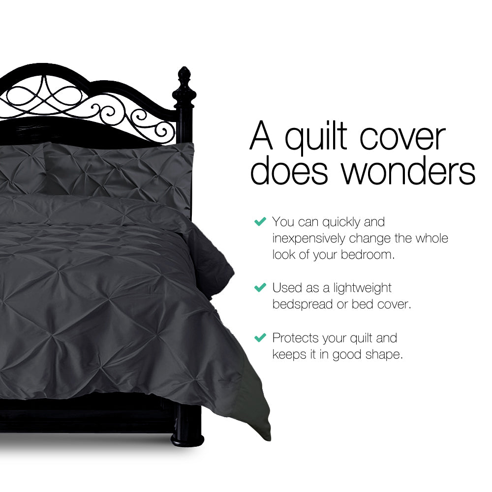 Bedding Quilt Cover Set King Pinch Pleat Diamond Duvet Doona Case Black - image3