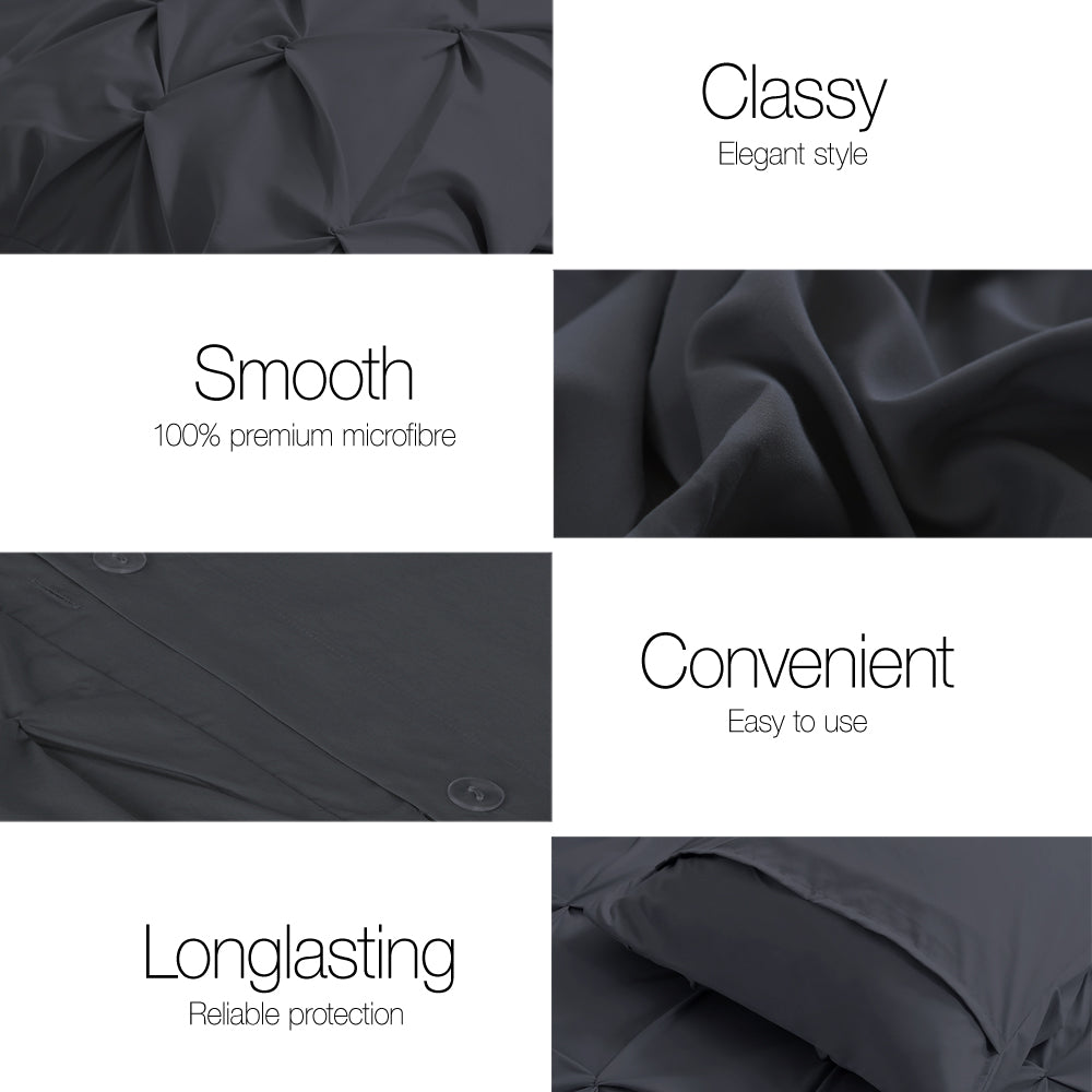 Bedding Quilt Cover Set King Pinch Pleat Diamond Duvet Doona Case Black - image4