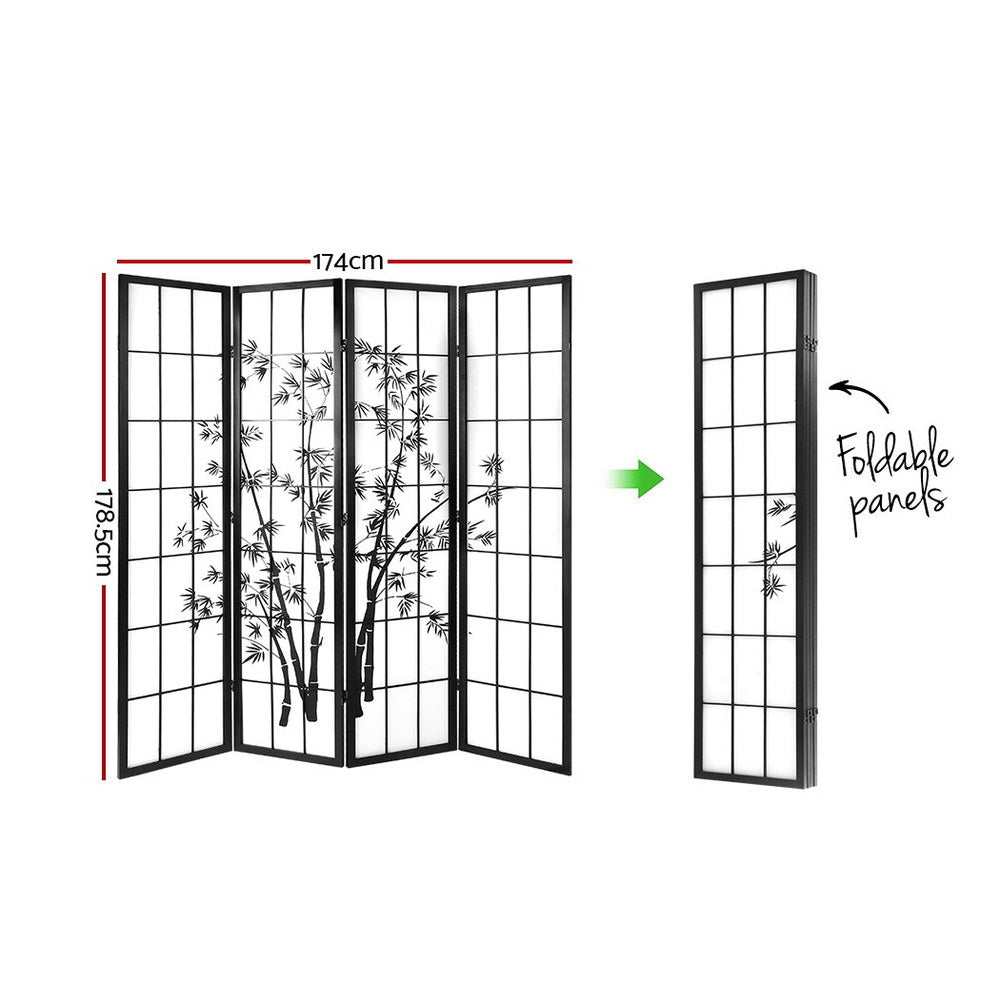 4 Panel Room Divider Screen Privacy Dividers Pine Wood Stand Shoji Bamboo Black White - image2