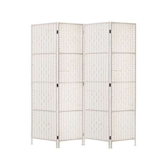 4 Panels Room Divider Screen Privacy Rattan Timber Fold Woven Stand White - image1