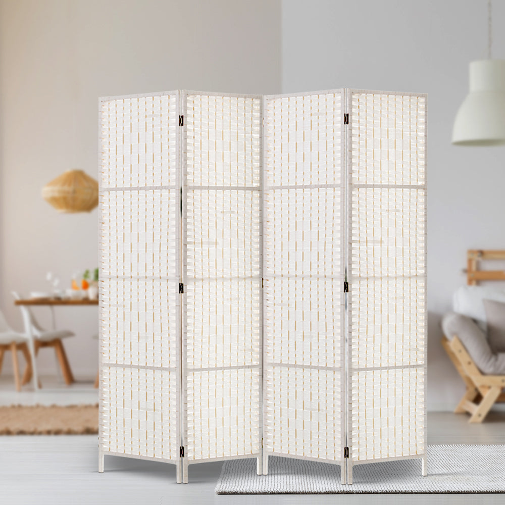 4 Panels Room Divider Screen Privacy Rattan Timber Fold Woven Stand White - image7