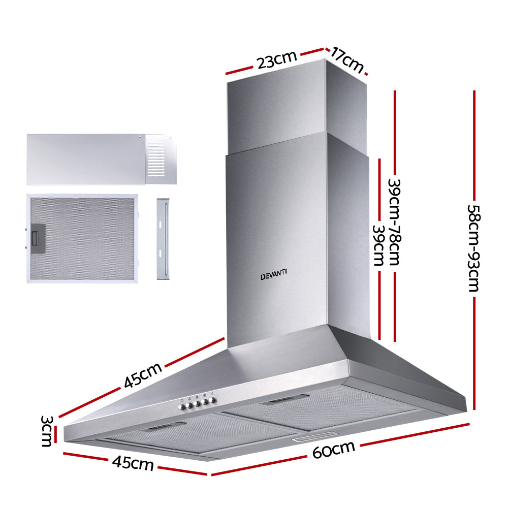 Range Hood 60cm 600mm Kitchen Canopy Stainless Steel Rangehood Wall Mount - image2