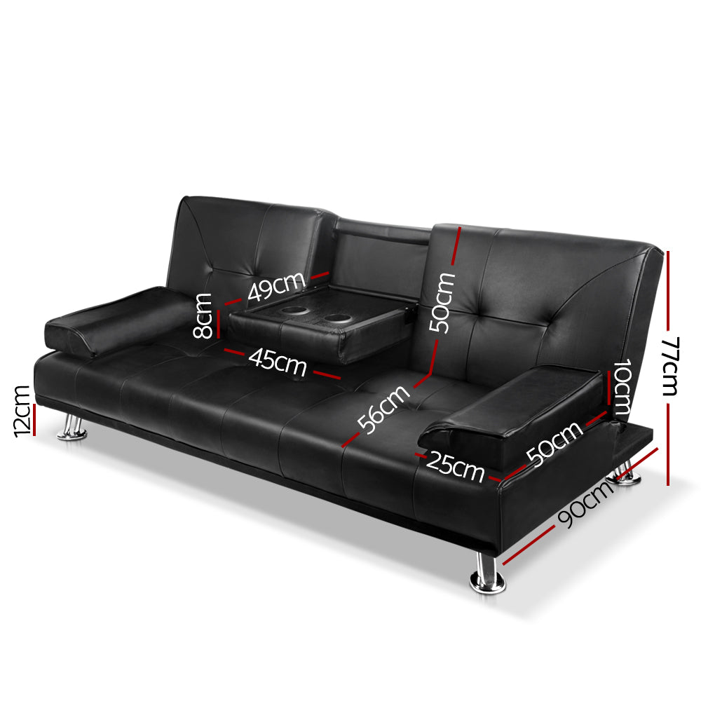 3 Seater PU Leather Sofa Bed - Black - image2