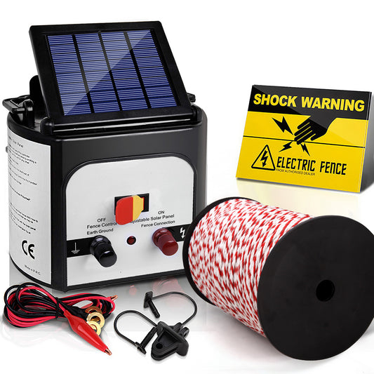 Electric Fence Energiser 8km Solar Powered Charger + 500m Polytape Rope - image1