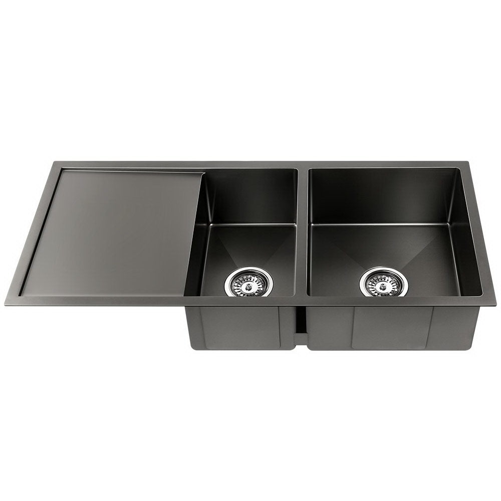 Stainless Steel Kitchen Sink 100X45CM Under/Topmount Laundry Double Bowl Black - image2