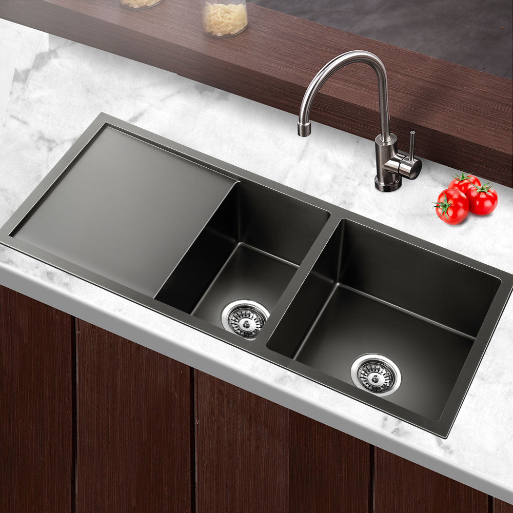 Stainless Steel Kitchen Sink 100X45CM Under/Topmount Laundry Double Bowl Black - image7