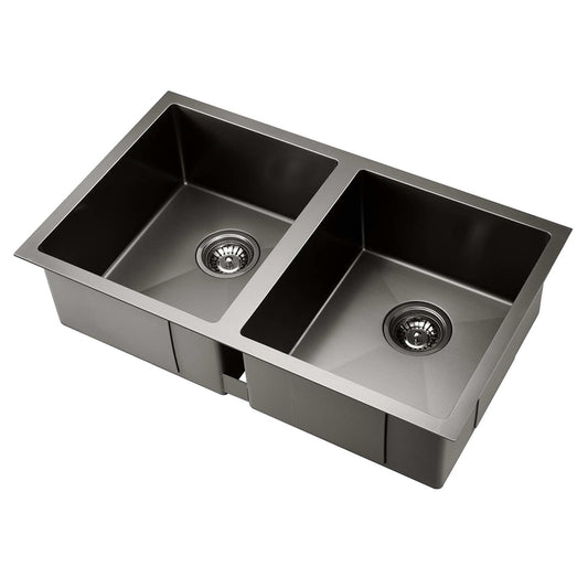 Stainless Steel Kitchen Sink 770X450MM Under/Topmount Laundry Double Bowl Black - image1