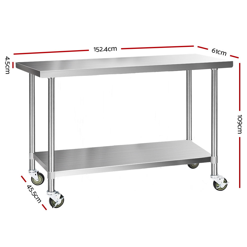 304 Stainless Steel Kitchen Benches Work Bench Food Prep Table with Wheels 1524MM x 610MM - image2