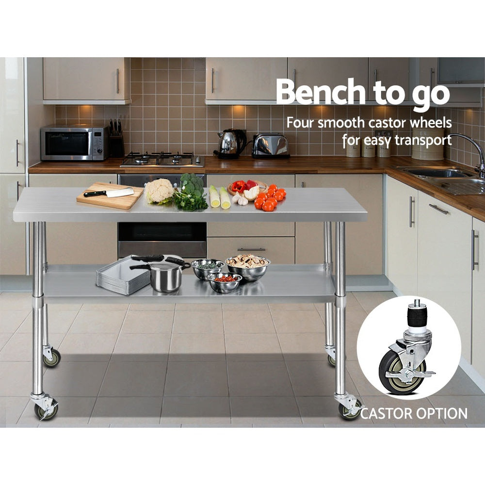 304 Stainless Steel Kitchen Benches Work Bench Food Prep Table with Wheels 1524MM x 610MM - image6