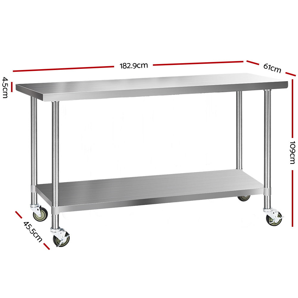 304 Stainless Steel Kitchen Benches Work Bench Food Prep Table with Wheels 1829MM x 610MM - image2