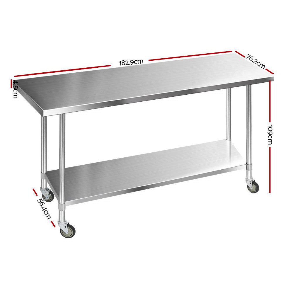 1829 x 762mm Commercial Stainless Steel Kitchen Bench with 4pcs Castor Wheels - image2