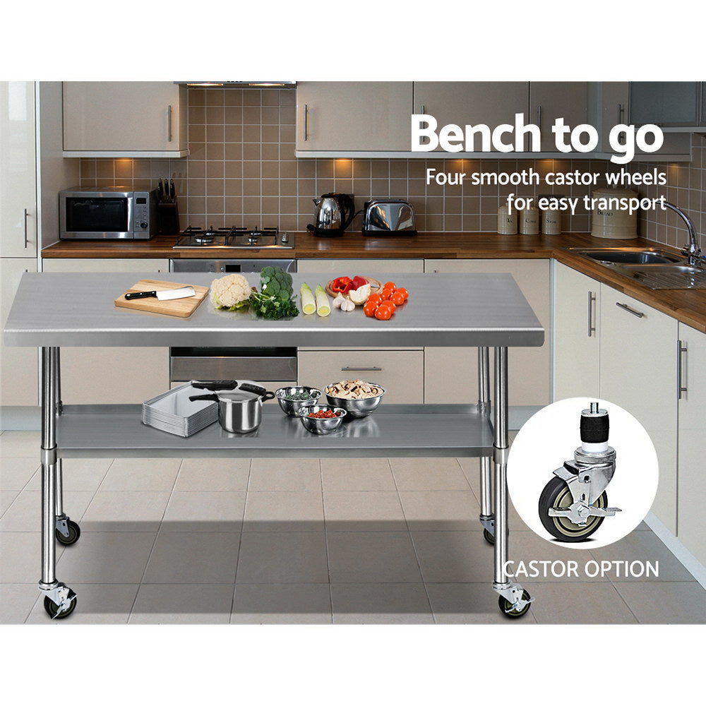 1829 x 762mm Commercial Stainless Steel Kitchen Bench with 4pcs Castor Wheels - image5