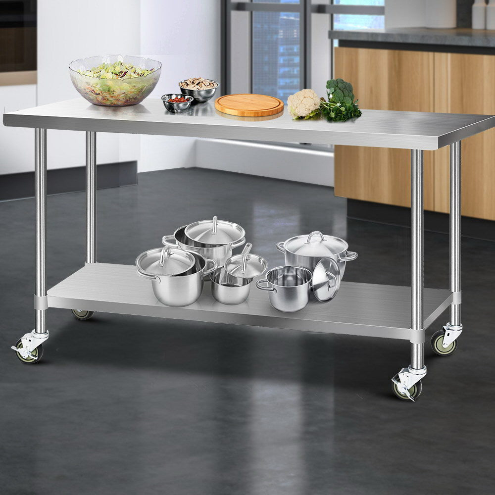 1829 x 762mm Commercial Stainless Steel Kitchen Bench with 4pcs Castor Wheels - image7