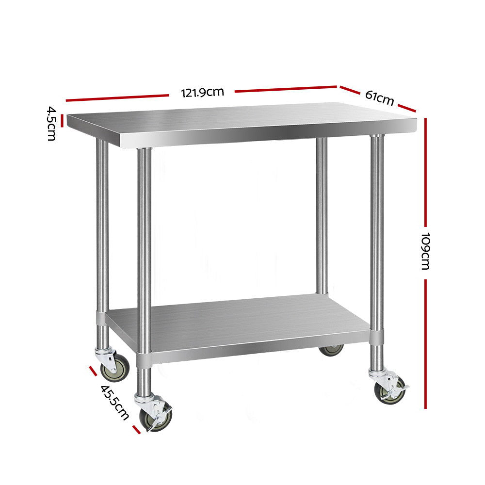 430 Stainless Steel Kitchen Benches Work Bench Food Prep Table with Wheels 1219MM x 610MM - image2