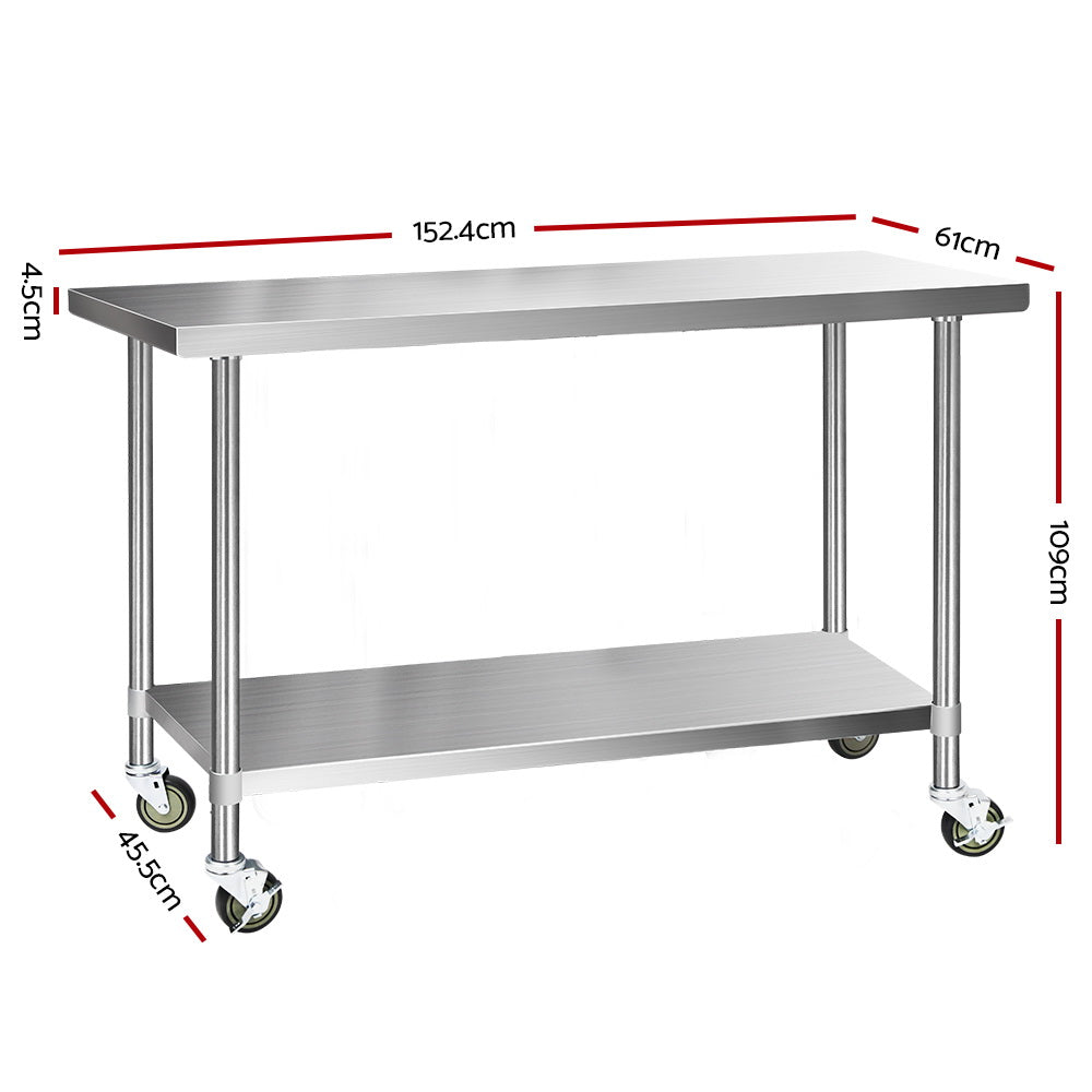 430 Stainless Steel Kitchen Benches Work Bench Food Prep Table with Wheels 1524MM x 610MM - image2