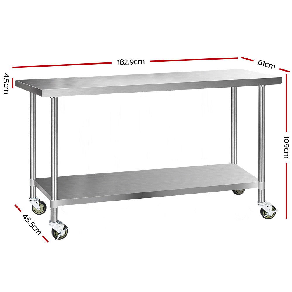 430 Stainless Steel Kitchen Benches Work Bench Food Prep Table with Wheels 1829MM x 610MM - image2