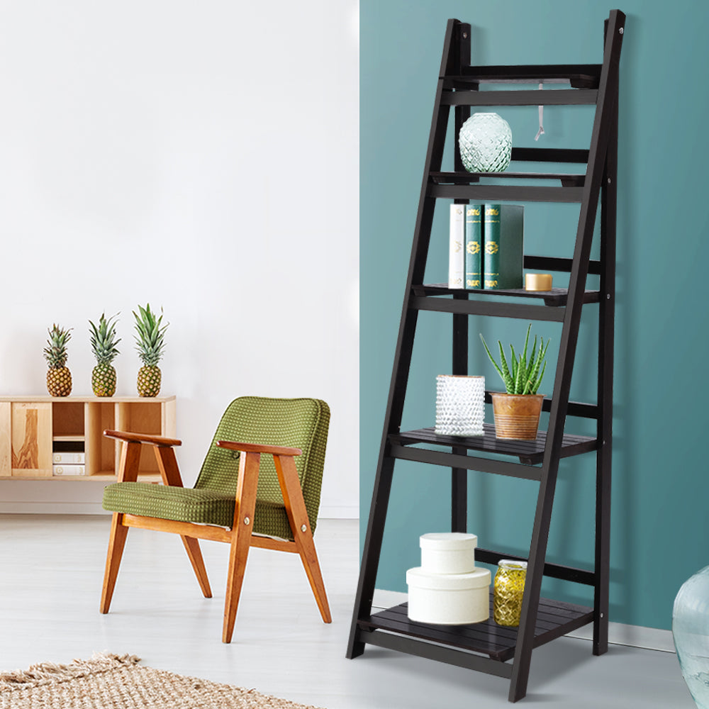 Display Shelf 5 Tier Wooden Ladder Stand Storage Book Shelves Rack Coffee - image6