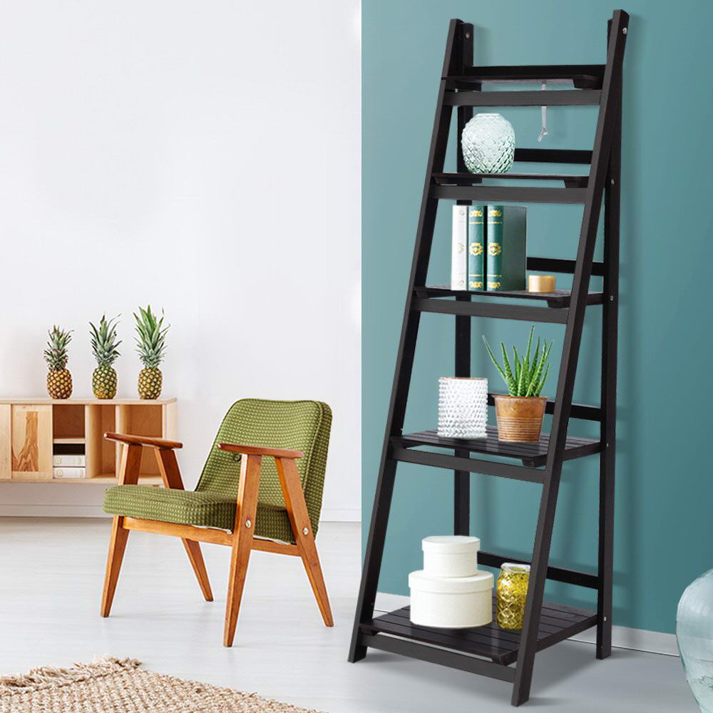 Display Shelf 5 Tier Wooden Ladder Stand Storage Book Shelves Rack Coffee - image8