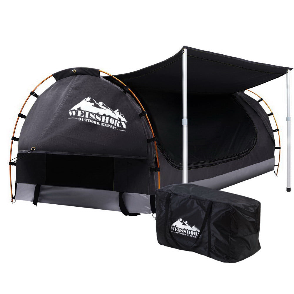 Double Swag Camping Swags Canvas Free Standing Dome Tent Dark Grey with 7CM Mattress - image1