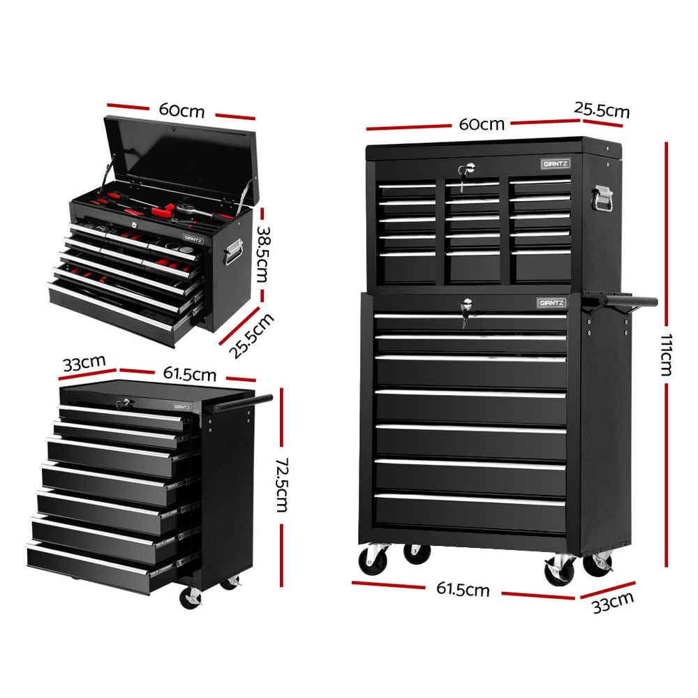 Tool Chest and Trolley Box Cabinet 16 Drawers Cart Garage Storage Black - image2