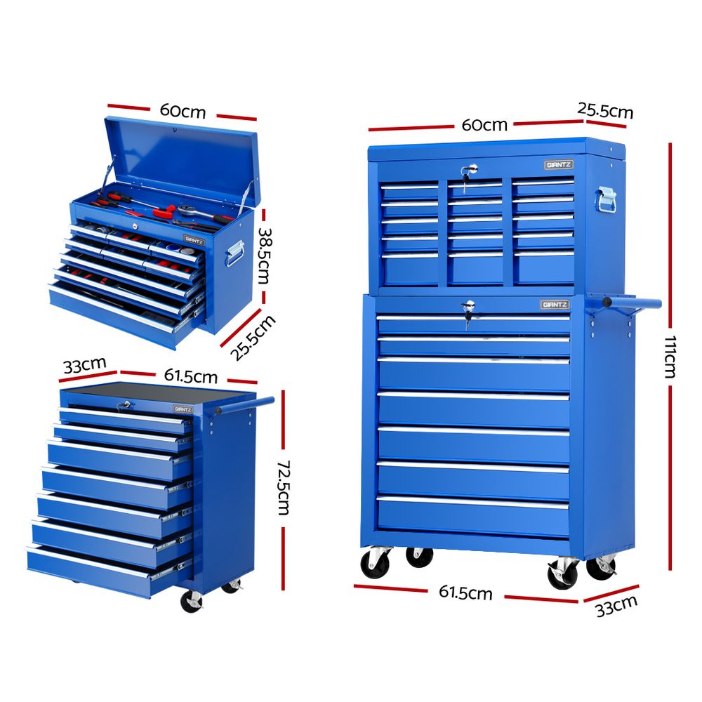 Tool Chest and Trolley Box Cabinet 16 Drawers Storage Blue - image2