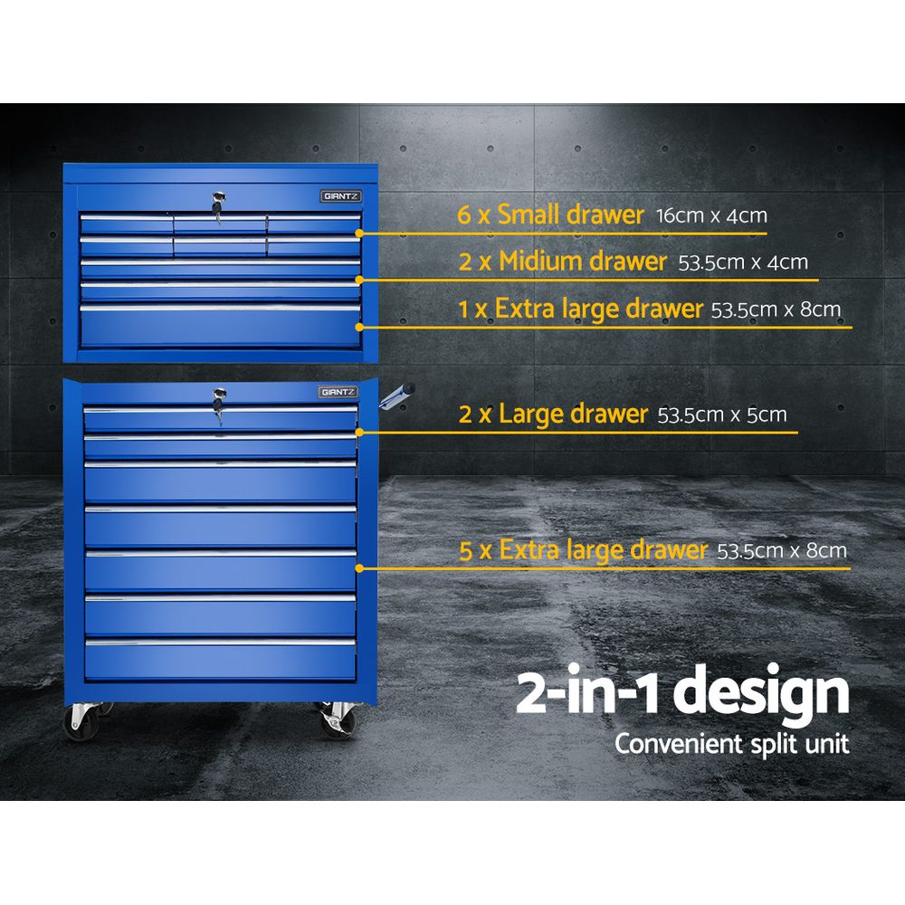 Tool Chest and Trolley Box Cabinet 16 Drawers Storage Blue - image3