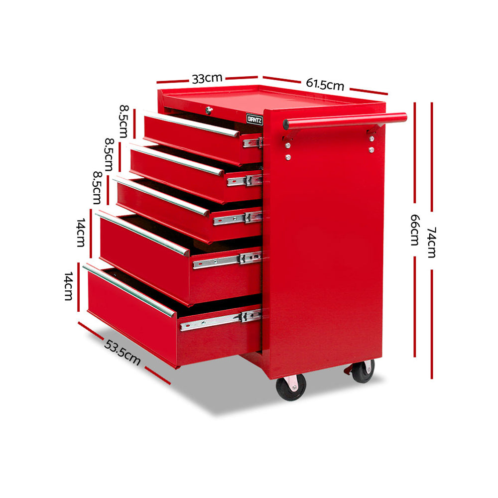 5 Drawer Mechanic Tool Box Storage Trolley - Red - image2