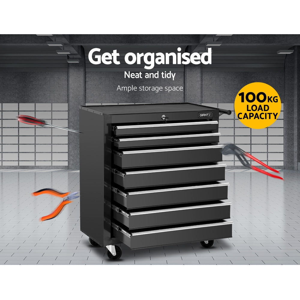 Tool Chest and Trolley Box Cabinet 7 Drawers Cart Garage Storage Black - image4